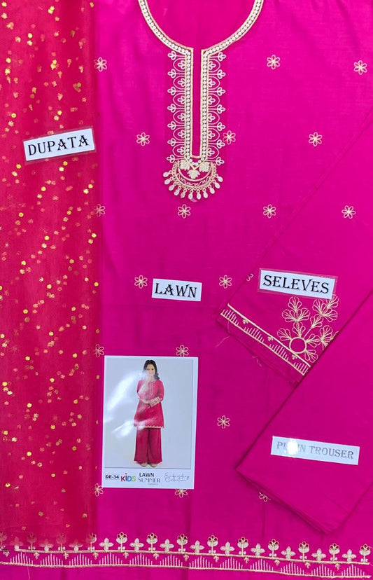 Kids 3PC Embroidered Summer Dress With Net Dupatta - Unstitched - DE-34