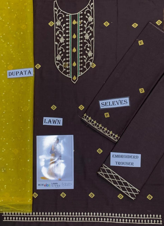 Kids 3PC Embroidered Summer Dress With Net Dupatta - Unstitched - DE-40