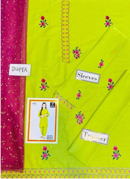 Kids 3PC Embroidered Summer Dress With Net Dupatta - Unstitched - DE-38