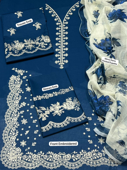 FULLY Embroidered LAWN 3Pc With Nino karra Printed Dupatta