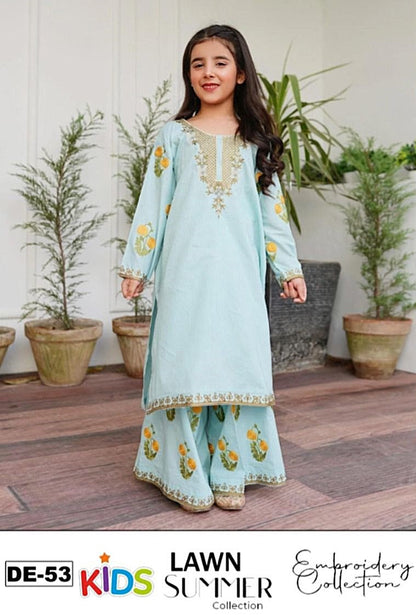 Kids 3PC Embroidered Summer Dress With Net Dupatta - Unstitched - DE-53