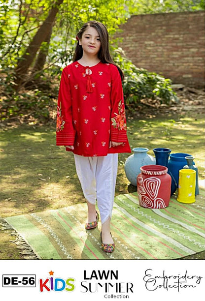 Kids 3PC Embroidered Summer Dress With Net Dupatta - Unstitched - DE-56