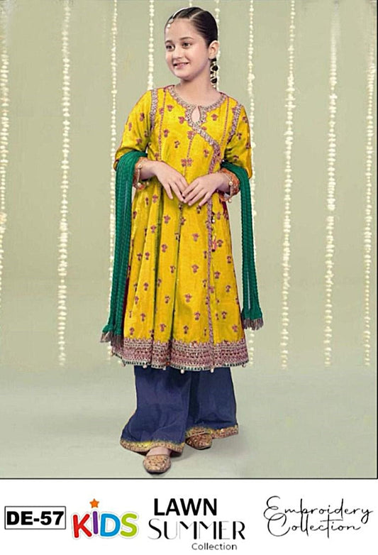 Kids 3PC Embroidered Summer Dress With Net Dupatta - Unstitched - DE-57