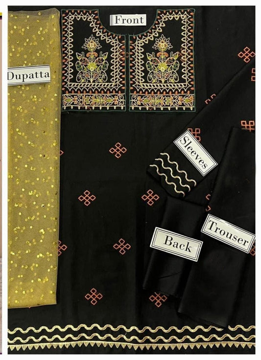 Kids 3PC Embroidered Summer Dress With Net Dupatta - Unstitched - DE-54