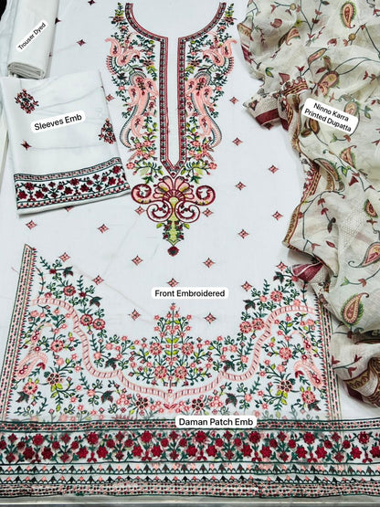 FULLY Embroidered LAWN 3Pc With Nino karra Printed Dupatta