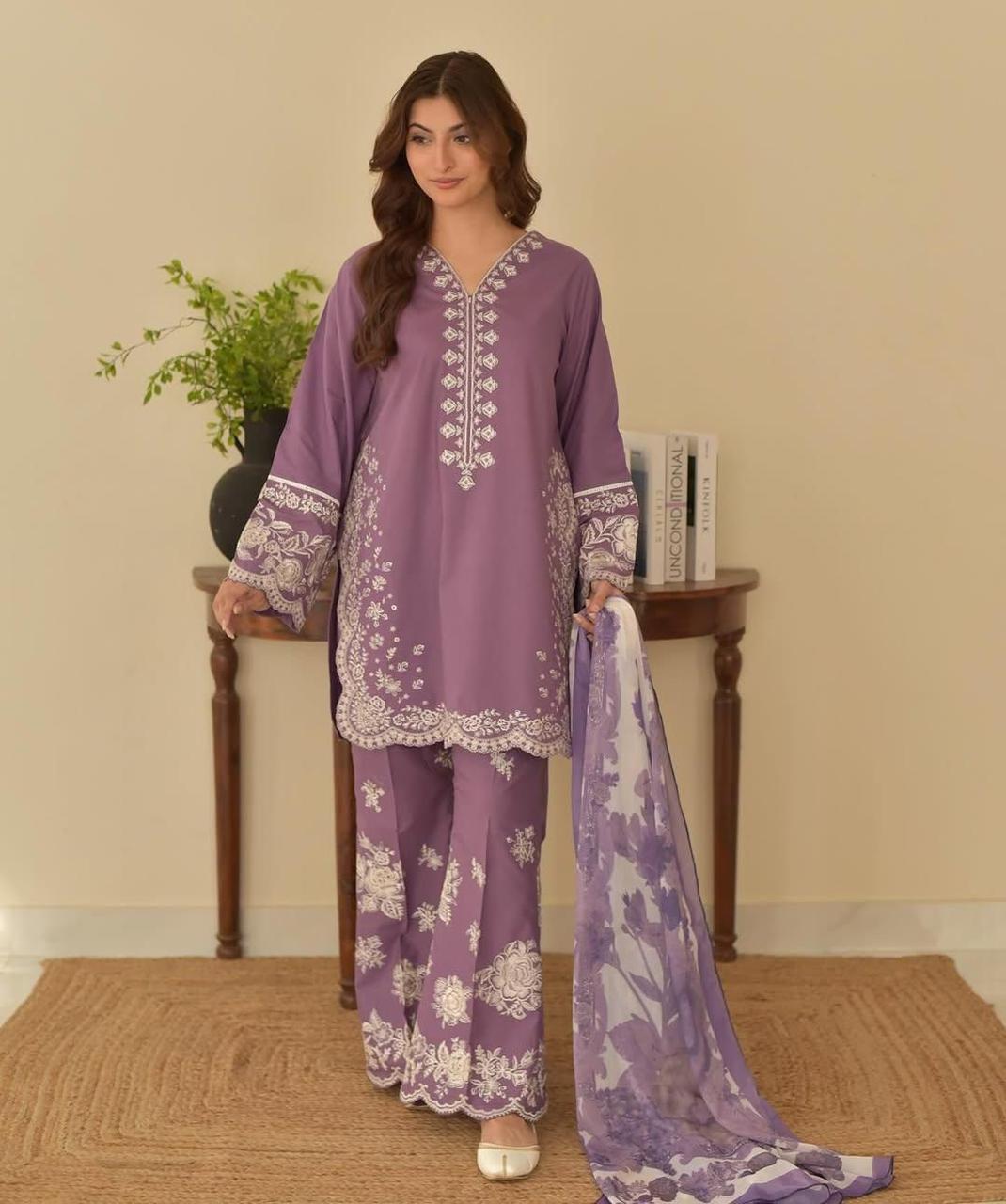 FULLY Embroidered LAWN 3Pc With Nino karra Printed Dupatta