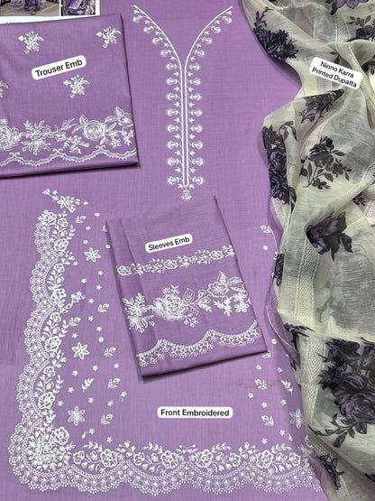 FULLY Embroidered LAWN 3Pc With Nino karra Printed Dupatta