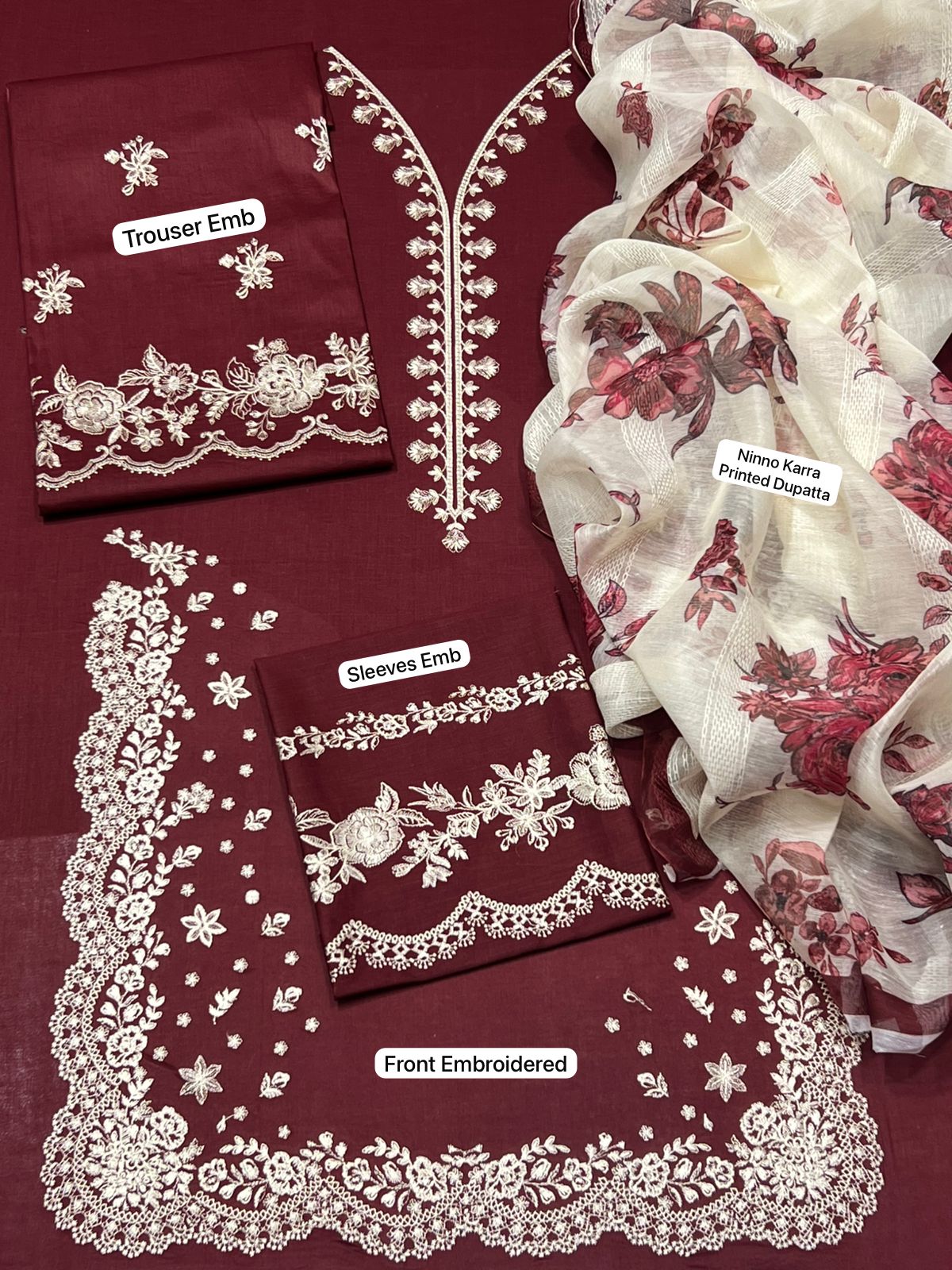 FULLY Embroidered LAWN 3Pc With Nino karra Printed Dupatta