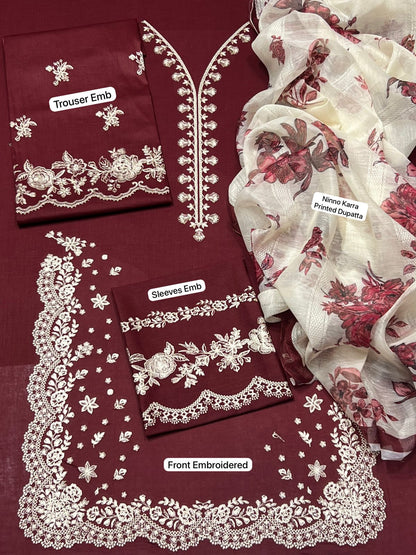 FULLY Embroidered LAWN 3Pc With Nino karra Printed Dupatta