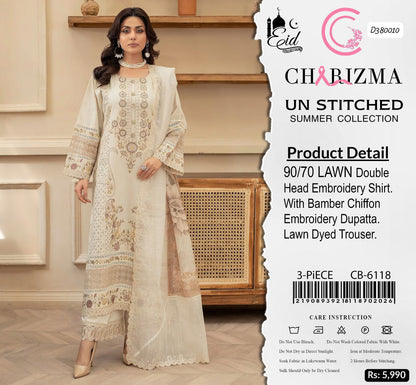 Charizma 3 PC EMBROIDERED LAWN