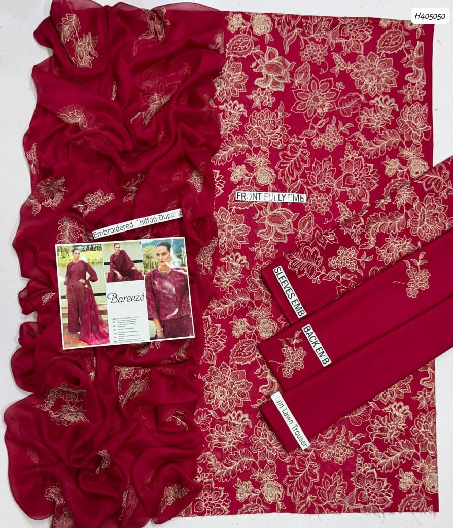 BAREEZE 3 PC EMBROIDERD LAWN