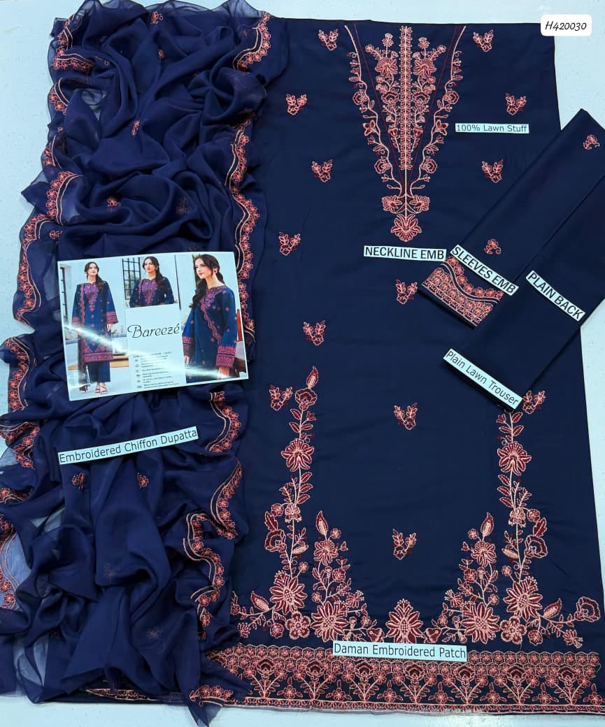 BAREEZE 3 PC EMBROIDERED LAWN